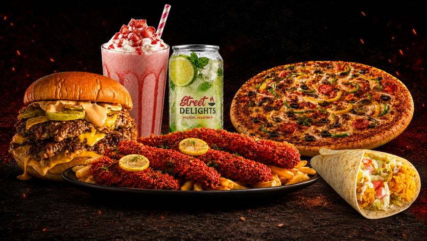 Burgers, pizzas, chicken tenders, fries, drinks